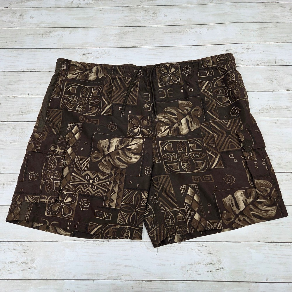 Caribbean Joe Swim Trunks Men XL Brown Tribal Tropical Cargo Board Shorts Dmg